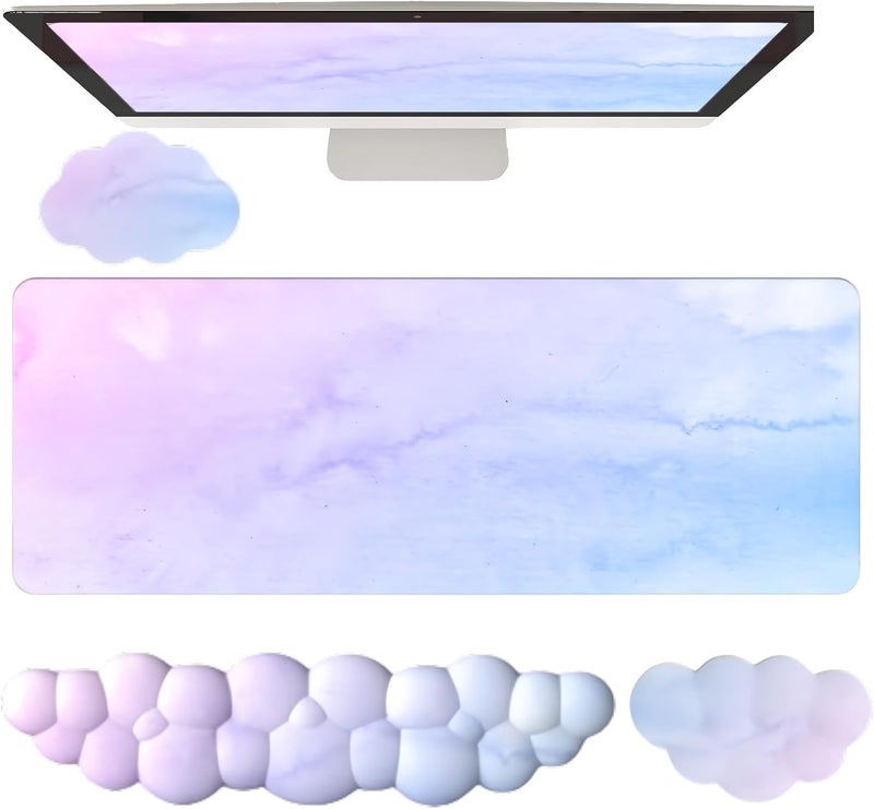 WFCYGL Cloud Mouse Pad and Keyboard Wrist Rest 4PCS Extended Large Desk Mat Pad Set Memory Foam Non-Slip Ergonomic Gaming Mouse Pad Wrist Support for Computer Laptop Home Office Cute Pink Blue Sky - Image 1